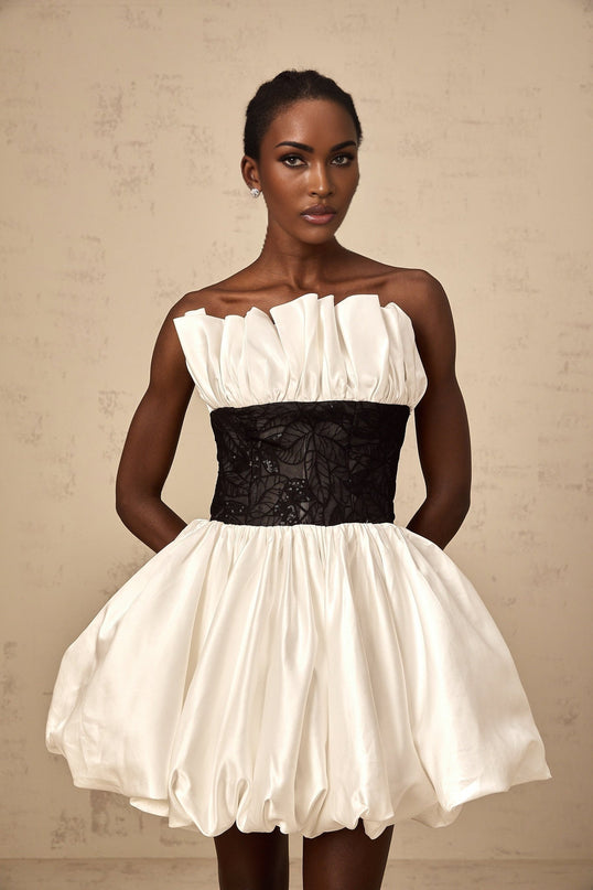 Clarissa White Lace Off Shoulder Satin Ruffle Mini Dress