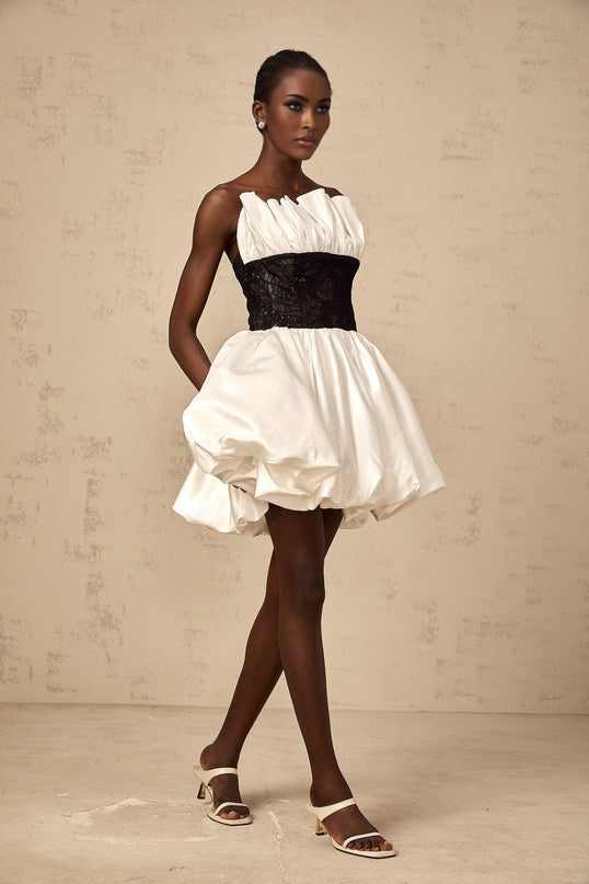 Clarissa White Lace Off Shoulder Satin Ruffle Mini Dress