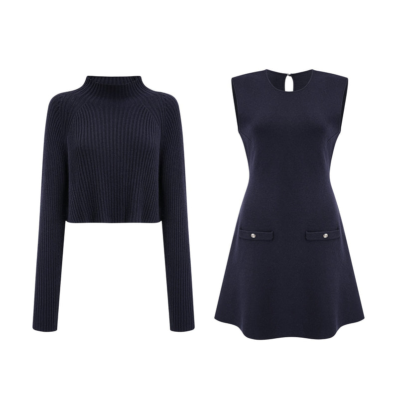 Clarisse darkblue knitted top  dress matching set