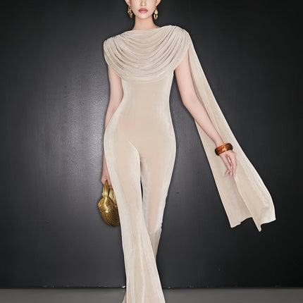 Clarisse Neutral Dropped Design Velvet Jumpsuit in Neutrals