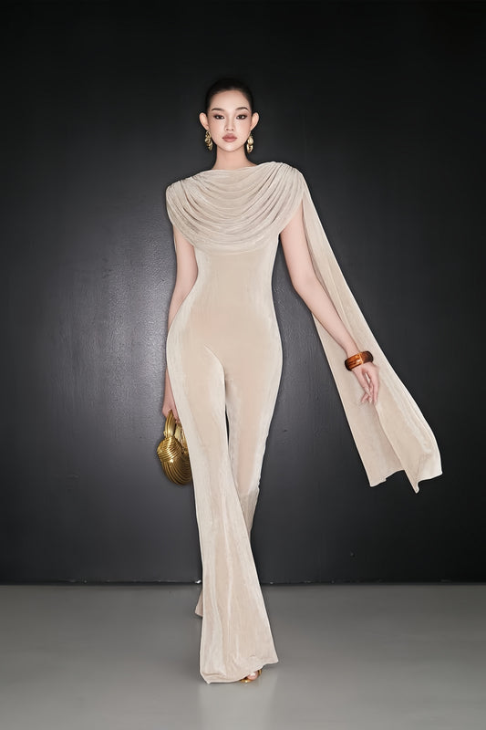 Clarisse Neutral Dropped Design Velvet Jumpsuit