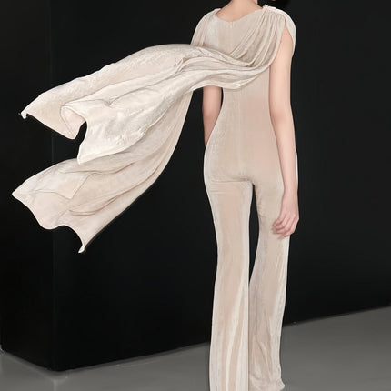 Clarisse Neutral Velvet Jumpsuit Neutrals Sleeveless Cowl Neck Flared Hem Rear Zip 100% Terylene Fiber
