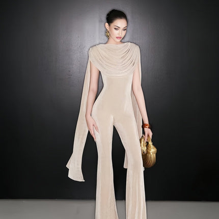 Clarisse Neutral Velvet Jumpsuit Neutrals Sleeveless Cowl Neck Flared Hem Rear Zip Fastening Terylene Fiber