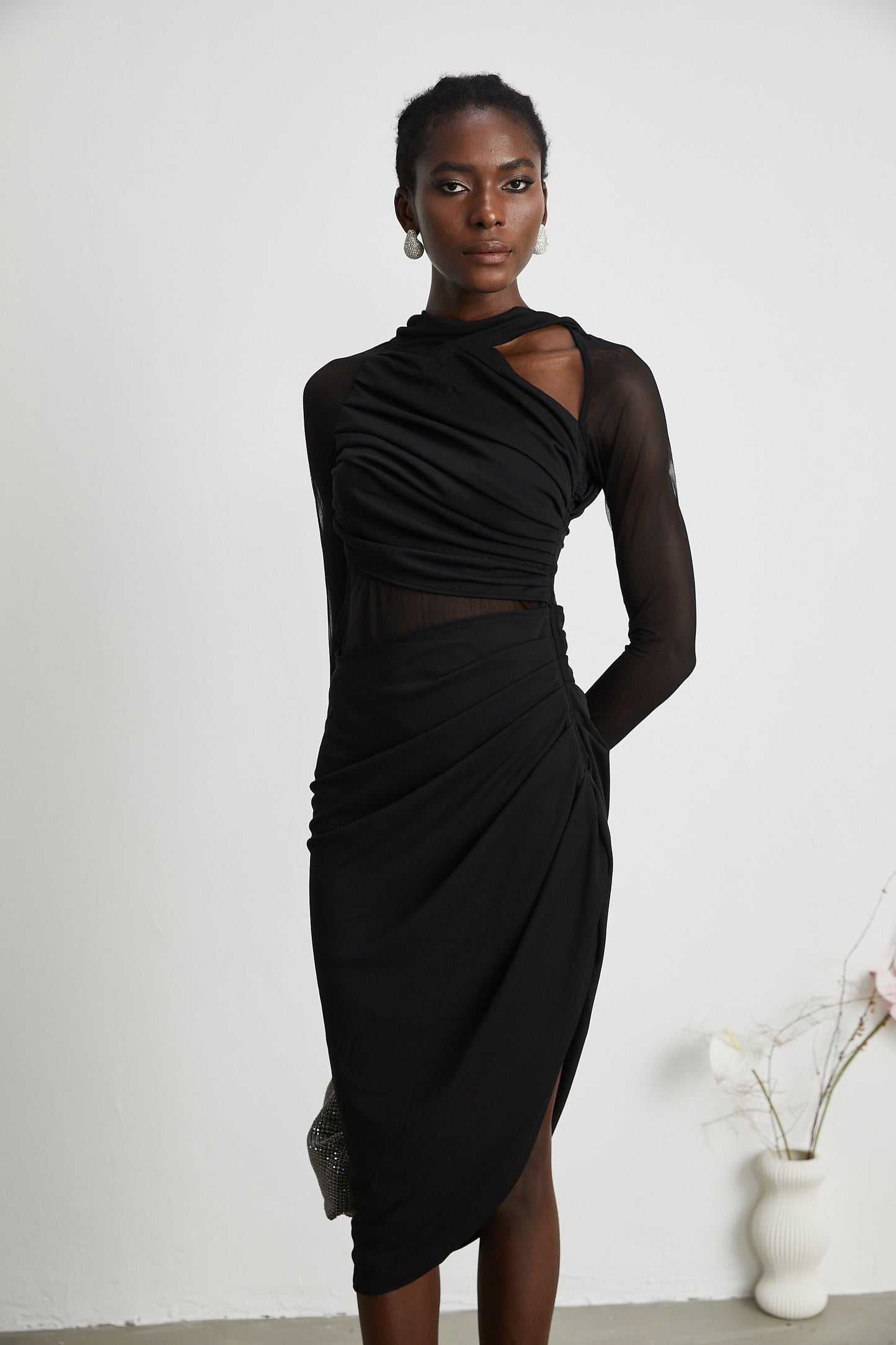 Clarisse semisheer ruched midi dress