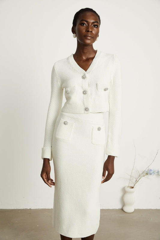 Clarisse white knitted cardigan  skirt matching set