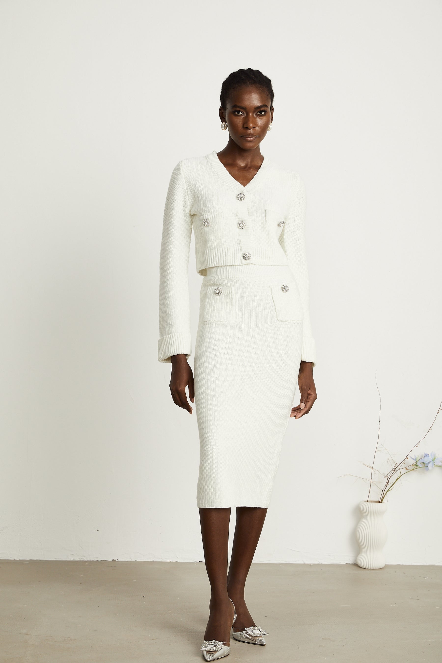 Clarisse white knitted cardigan  skirt matching set