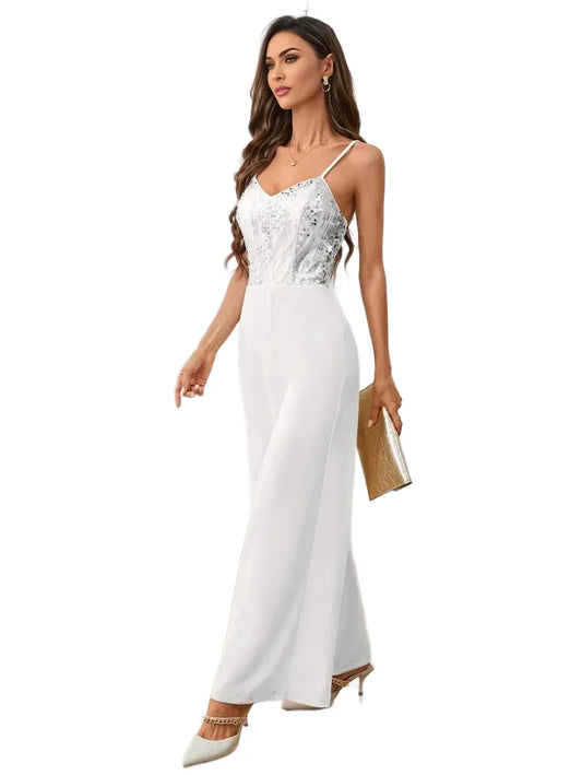 Clasi 1pc Womens Sequins Patchwork Wide Leg Jumpsuit Elegant And Loose Fitting