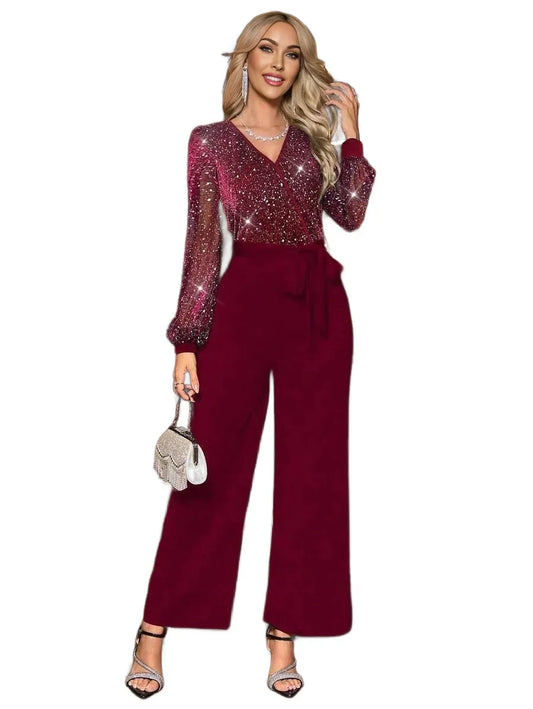 Clasi Rhinestone Studded Mesh Romper For Women Waist Cinching