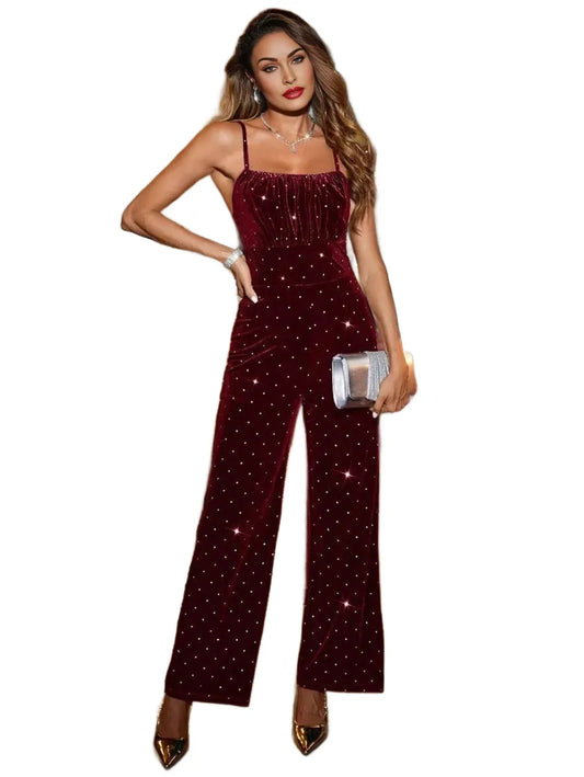 Clasi Womens Rhinestone Embellished Velvet Cami Red Jumpsuit Casual amp Simple