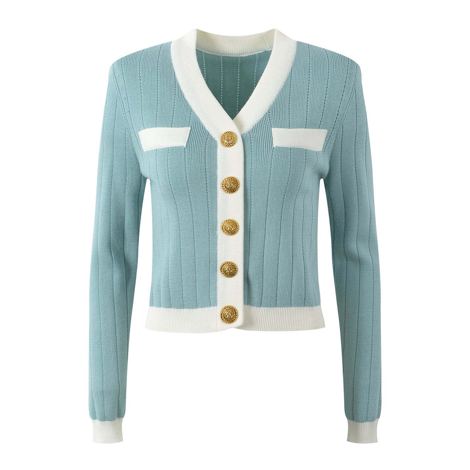 Classic Fitted Ribbed Cardigan - Blue