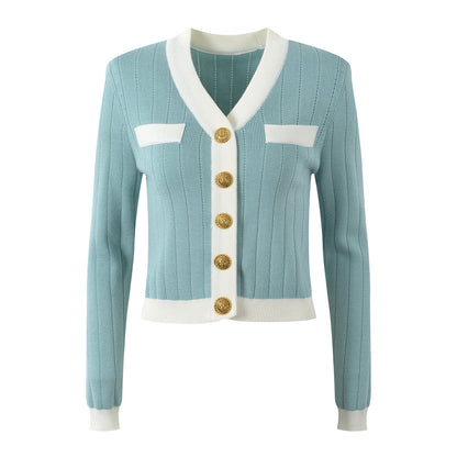 Classic Fitted Ribbed Cardigan - Blue