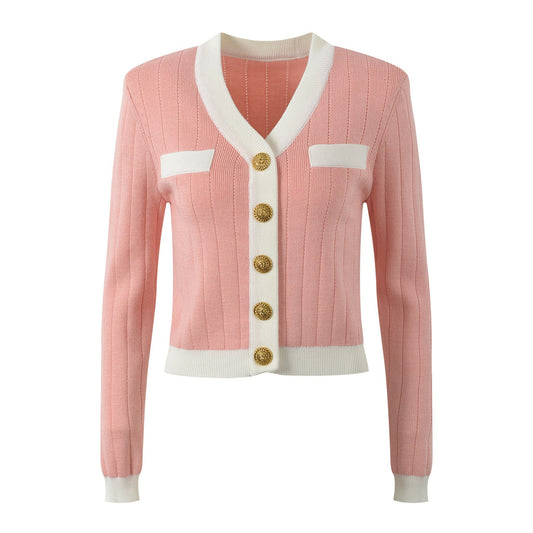 Classic Fitted Ribbed Cardigan - Pink