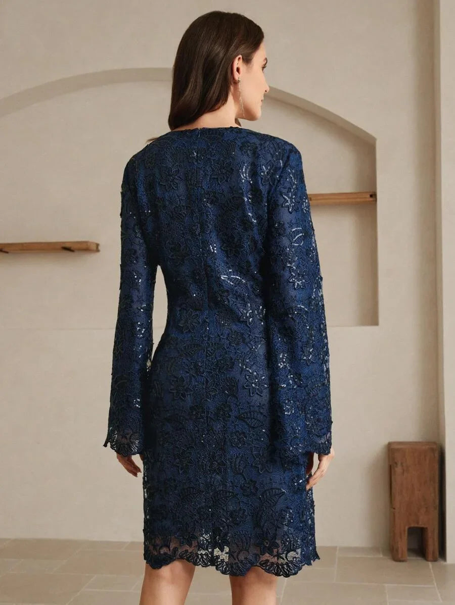 Classic Pattern Long Sleeve Decorated With Floral And Beaded Detail Dress