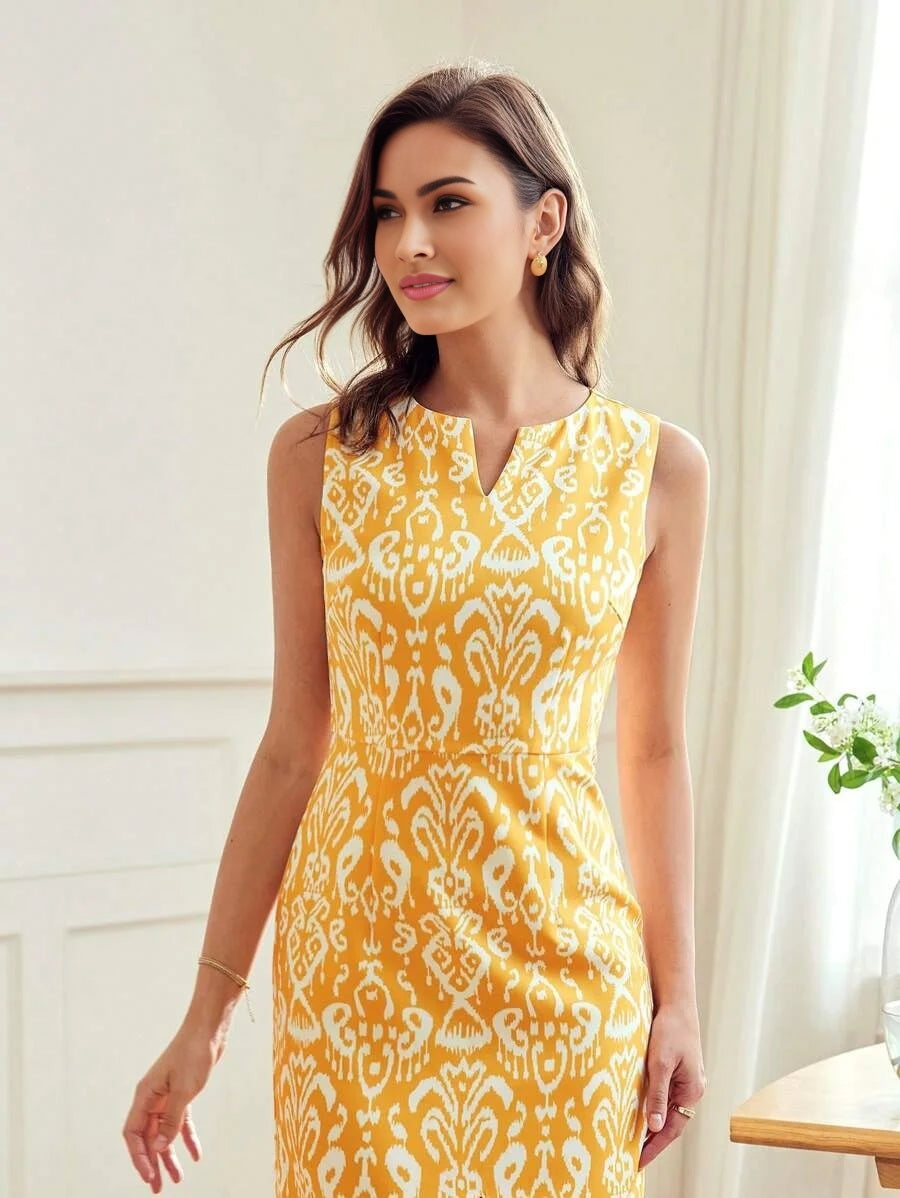 Classy ALLOVER PRINT NOTCH NECK SPLIT HEM DRESS WITHOUT BELTSUMMER OUTFITS FOR BEACH VACATION