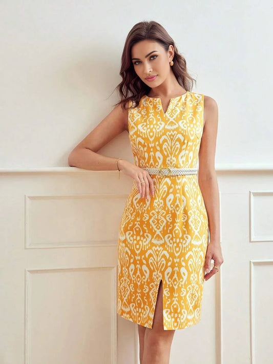 Classy ALLOVER PRINT NOTCH NECK SPLIT HEM DRESS WITHOUT BELTSUMMER OUTFITS FOR BEACH VACATION