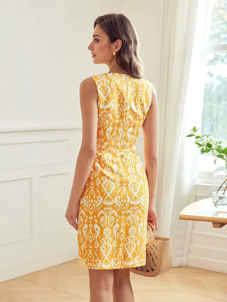 Classy ALLOVER PRINT NOTCH NECK SPLIT HEM DRESS WITHOUT BELTSUMMER OUTFITS FOR BEACH VACATION