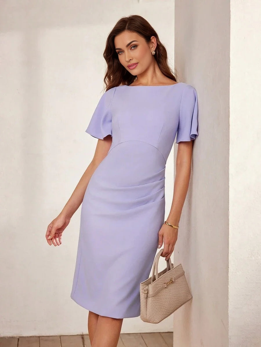 Classy CLASSY SOLID FLOUNCE SLEEVE RUCHED DRESS