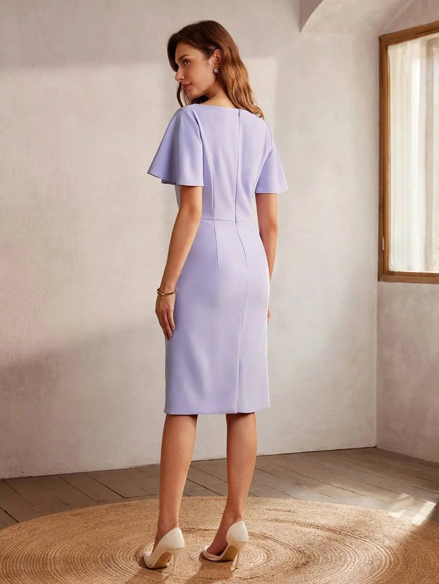 Classy CLASSY SOLID FLOUNCE SLEEVE RUCHED DRESS