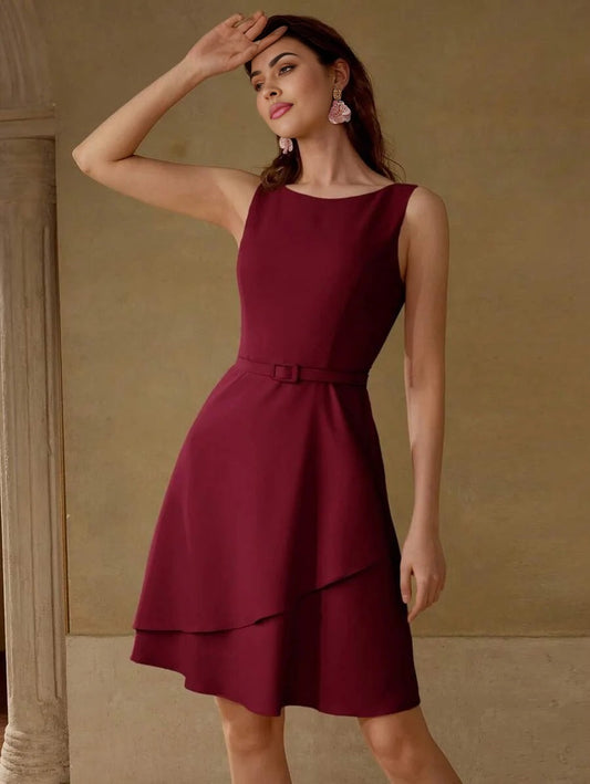 Classy SOLID BUCKLE BELTED SLEEVELESS LAYERED HEM SHORT DRESS