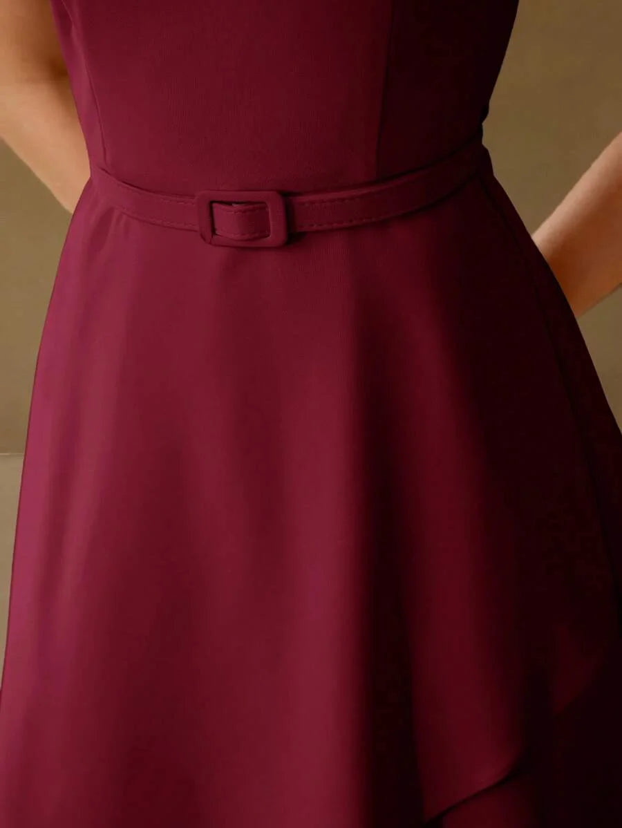 Classy SOLID BUCKLE BELTED SLEEVELESS LAYERED HEM SHORT DRESS