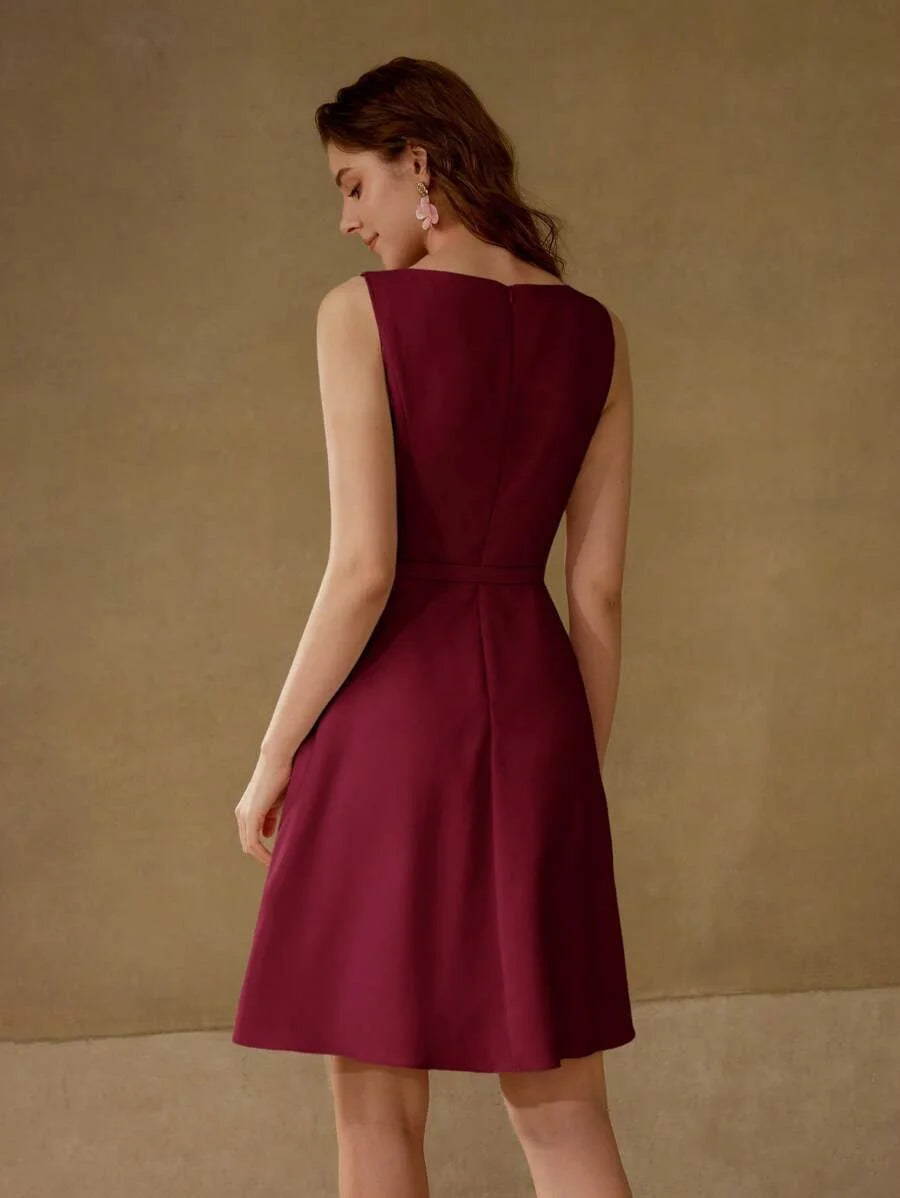 Classy SOLID BUCKLE BELTED SLEEVELESS LAYERED HEM SHORT DRESS