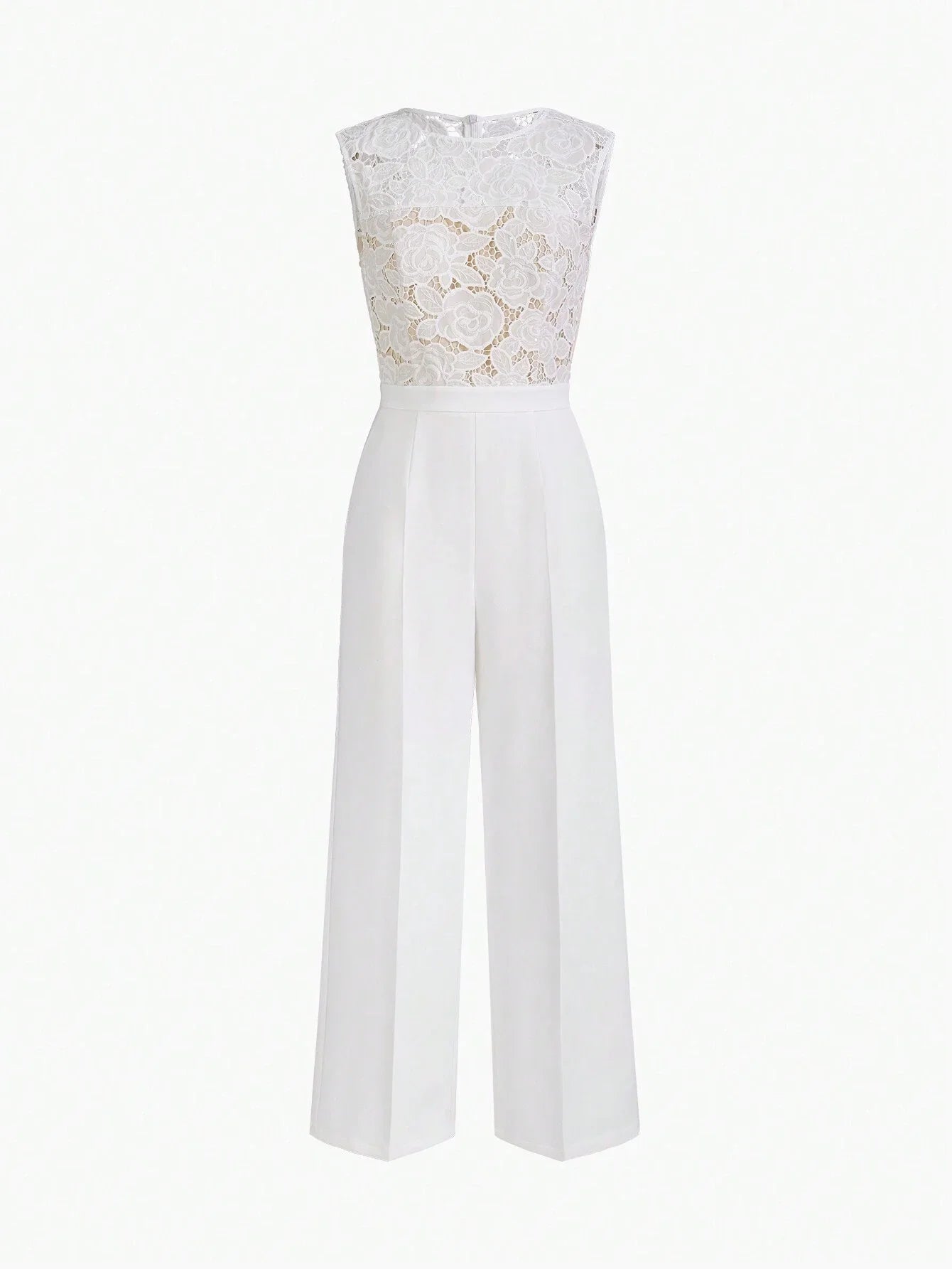 Classy SOLID GUIPURE LACE BODICE SLANT POCKET JUMPSUIT