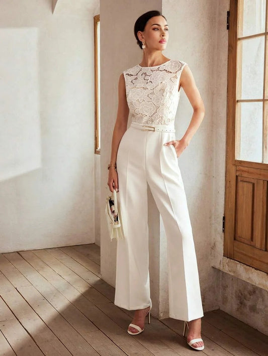 Classy SOLID GUIPURE LACE BODICE SLANT POCKET JUMPSUIT