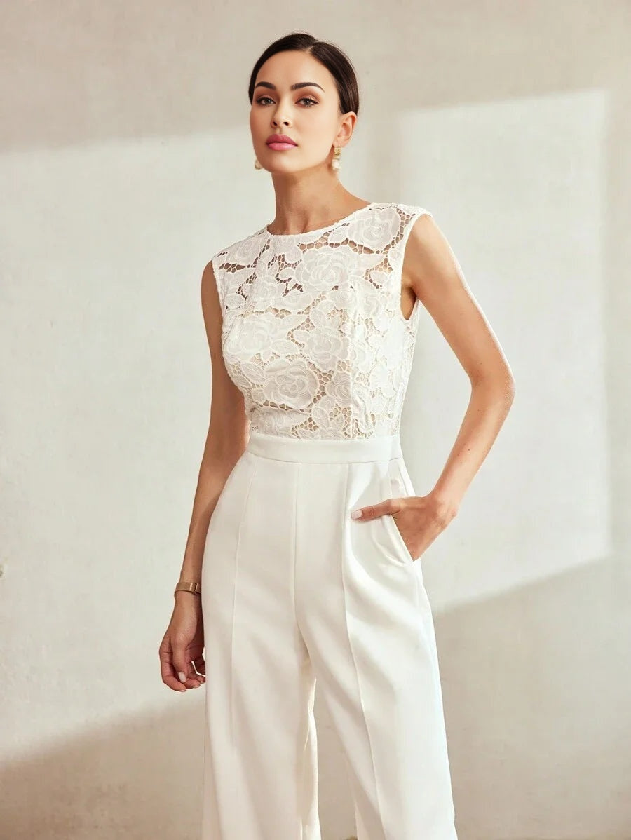 Classy SOLID GUIPURE LACE BODICE SLANT POCKET JUMPSUIT