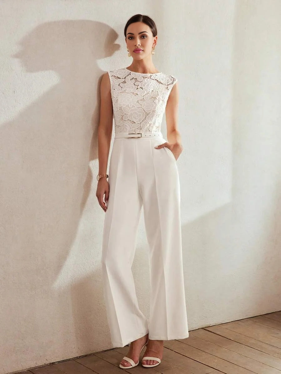 Classy SOLID GUIPURE LACE BODICE SLANT POCKET JUMPSUIT