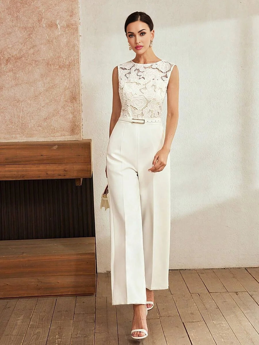 Classy SOLID GUIPURE LACE BODICE SLANT POCKET JUMPSUIT