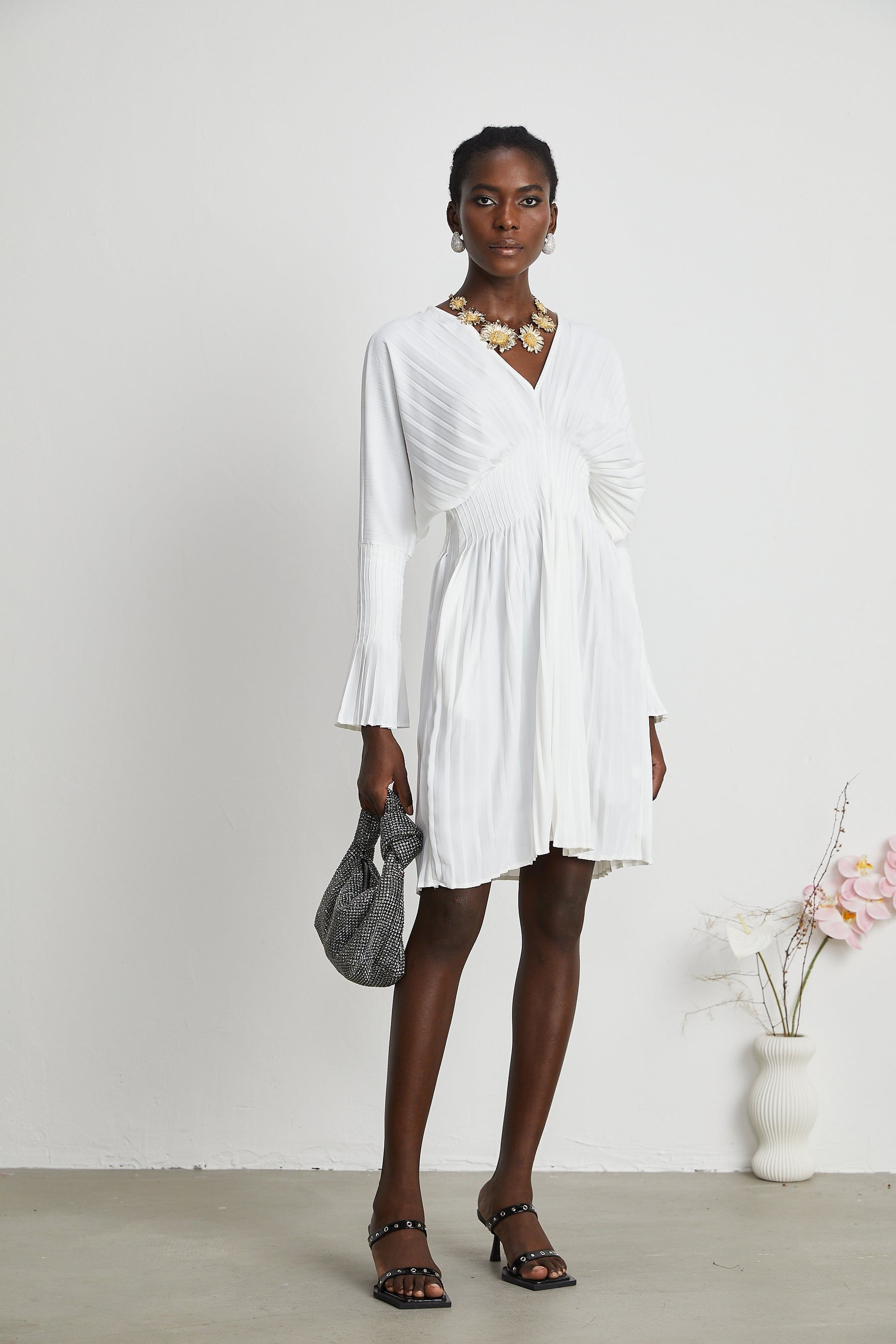 Claudette Vneck pleated mini dress