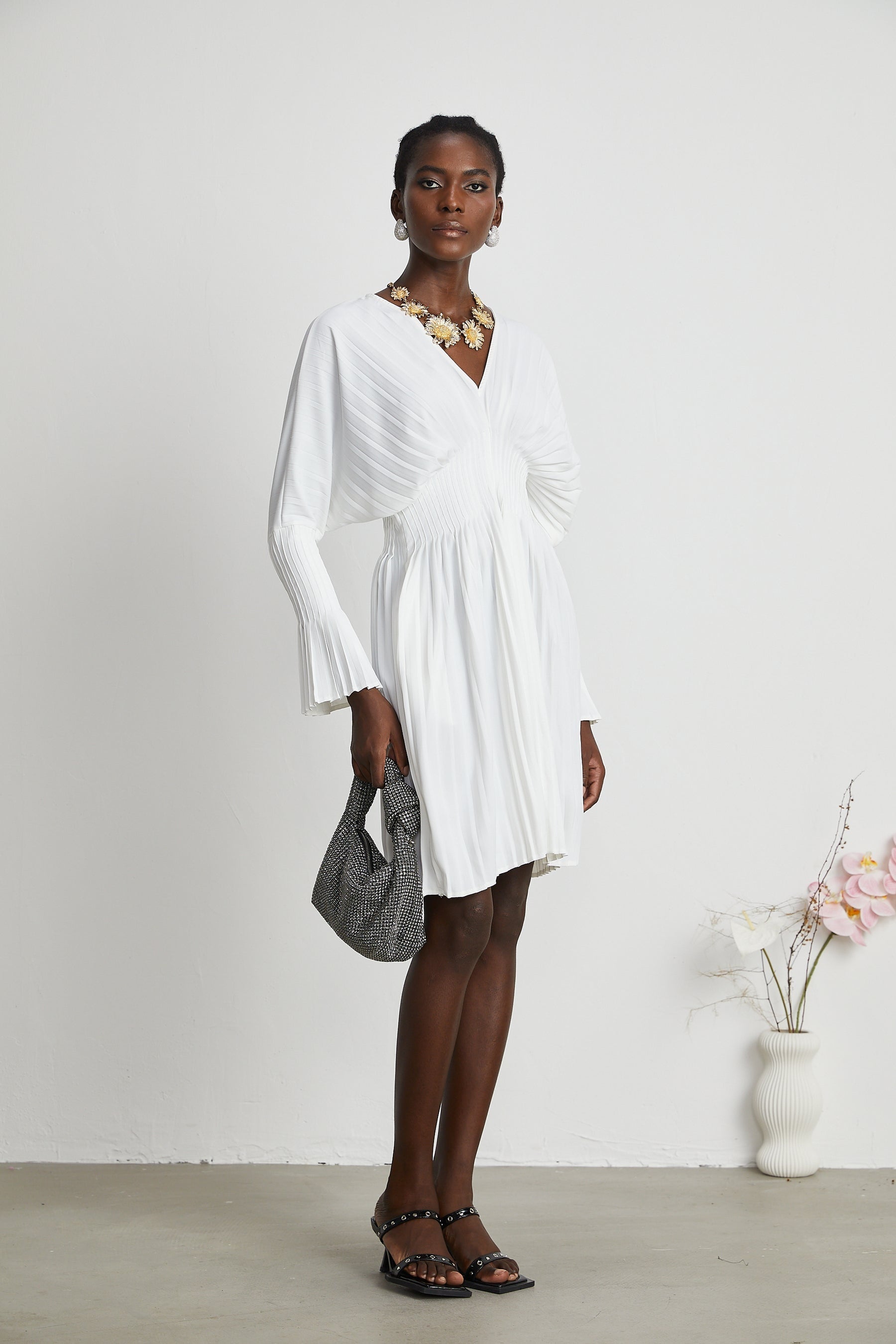 Claudette Vneck pleated mini dress