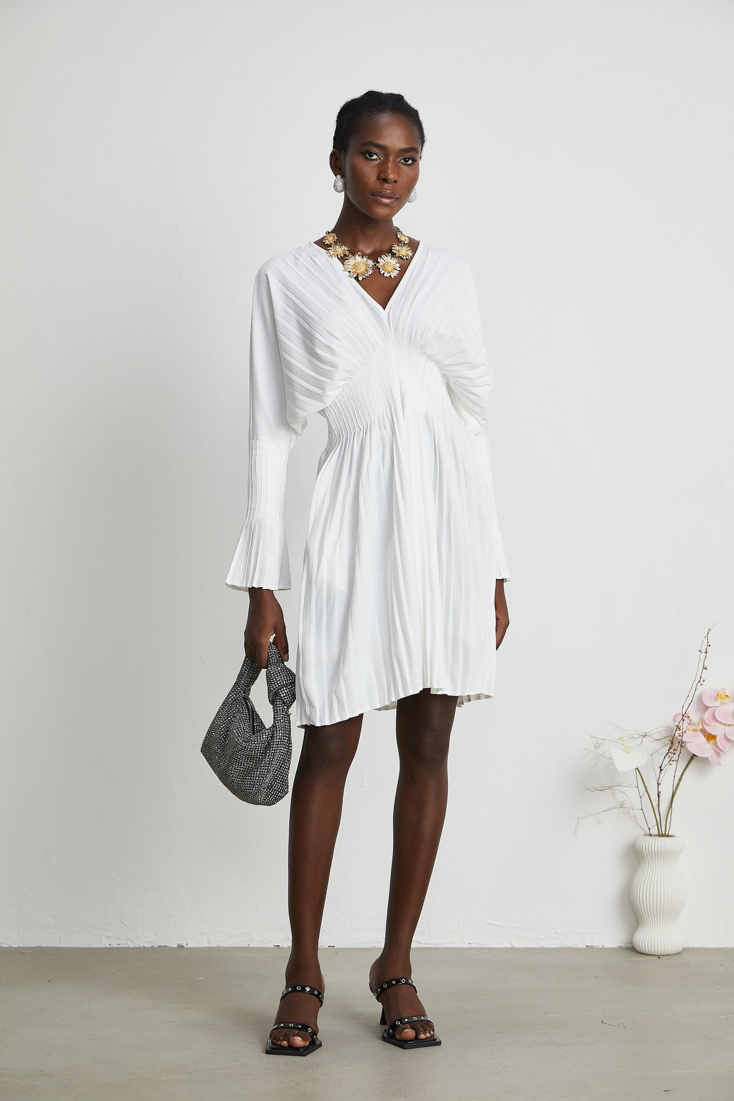 Claudette Vneck pleated mini dress