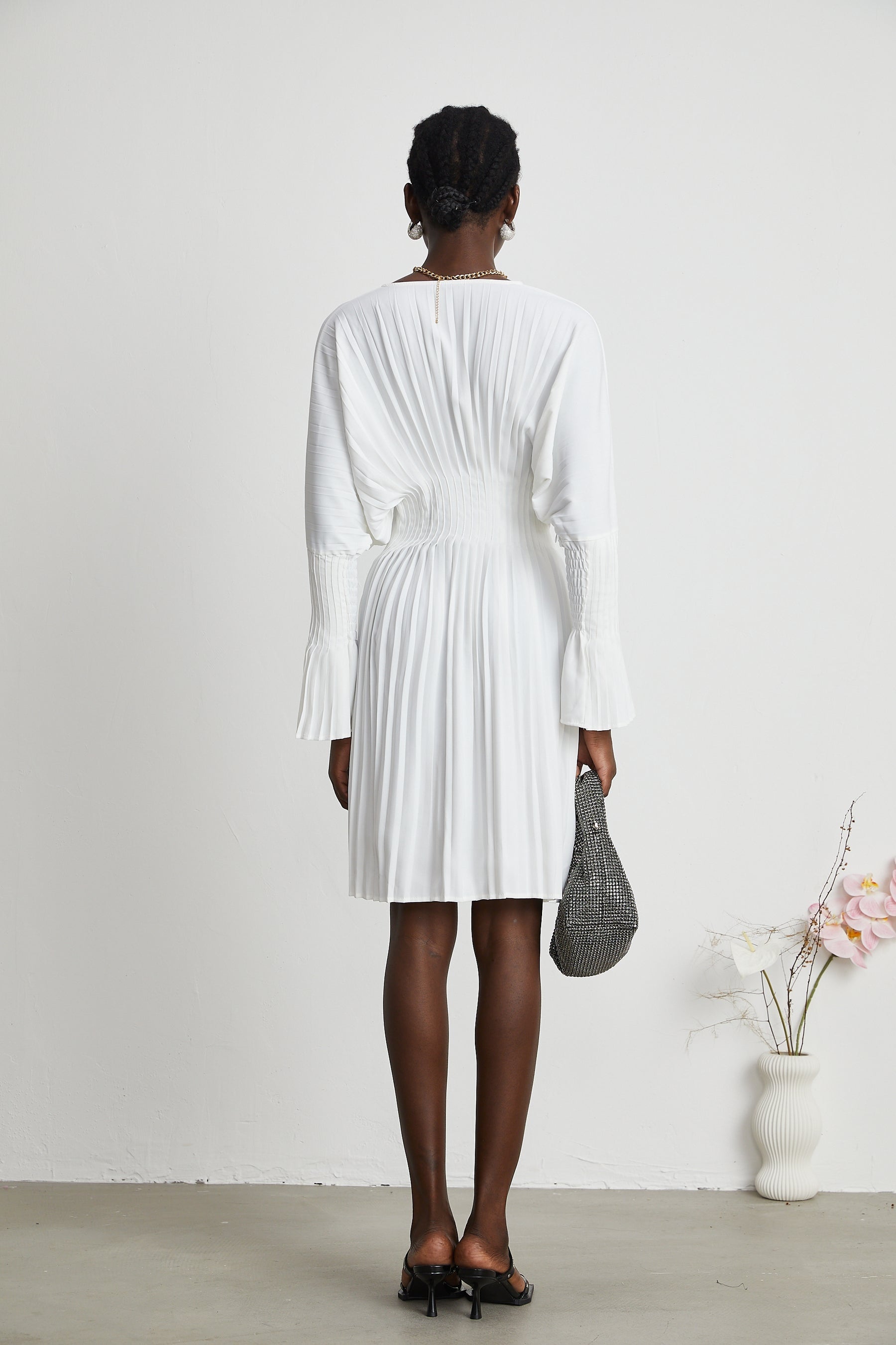 Claudette Vneck pleated mini dress