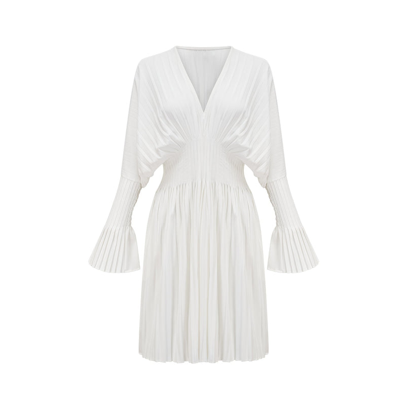 Claudette White Pleated Mini Dress V-neckline Flared Cuffs Long Sleeves Textured Finish Lacing Detail Waist Blend Polyester Cotton Light Airy Elegant Summer Chic Gatherings Flowy Mini Length Timeless