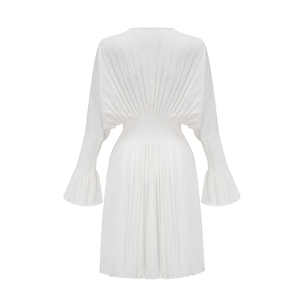 Claudette White Pleated Mini Dress V-neckline Flared Cuffs Long Sleeves Textured Finish Lacing Detail Waist Polyester Cotton Blend Elegant Daywear Summer Occasions Chic Gatherings Flowy Mini Length Timeless Piece