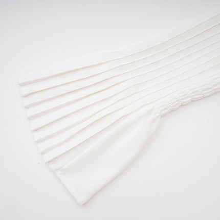 Claudette White Pleated Mini Dress V-neckline Flared Pleated Cuffs Long Sleeves Textured Finish Lacing Detail Waist Polyester Cotton Blend Light Airy Elegant Daywear Summer Occasions Chic Gatherings Flowy Mini Length Versatile Timeless