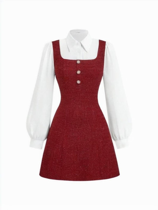 MOD Women Elegant Collared Long Sleeve Patchwork Dress Spring Autumn