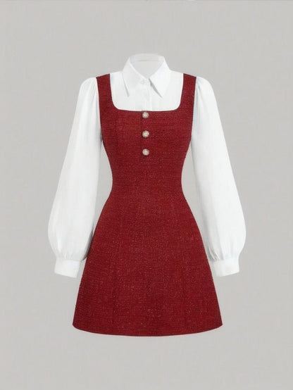 MOD Women Elegant Collared Long Sleeve Patchwork Dress Spring Autumn