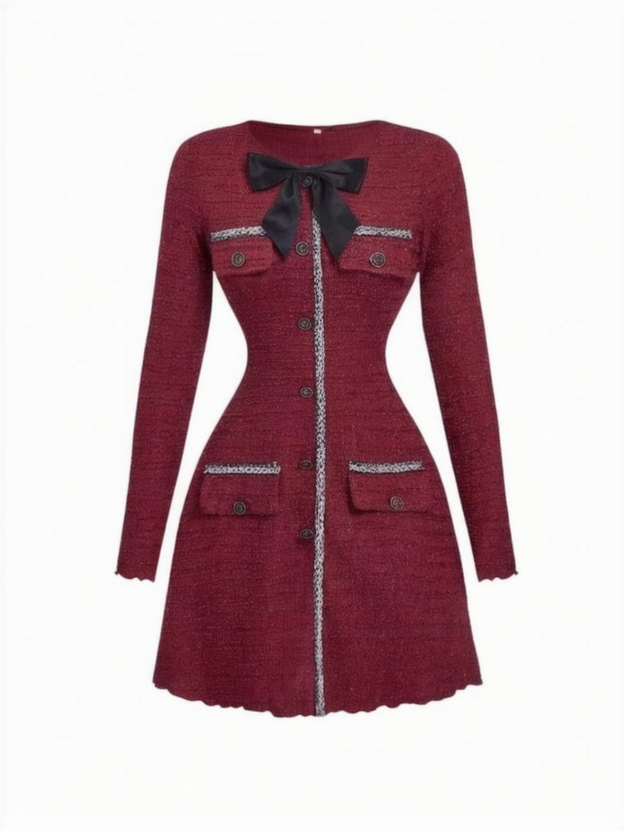 MOD Womens Bow Decor Red Retro Knit Long Sleeve Mini DressNew Year Eve Dress DressHoliday