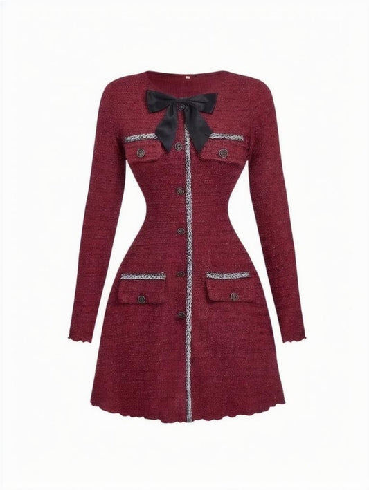 MOD Womens Bow Decor Red Retro Knit Long Sleeve Mini DressNew Year Eve Dress DressHoliday