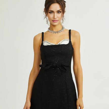 Clementina Black White Sequin Bowknot Mini Dress