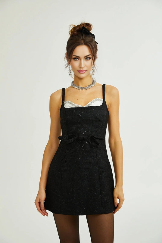 Clementina Black White Sequin Bowknot Mini Dress