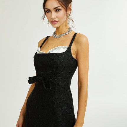 Clementina Black White Sequin Bowknot Mini Dress