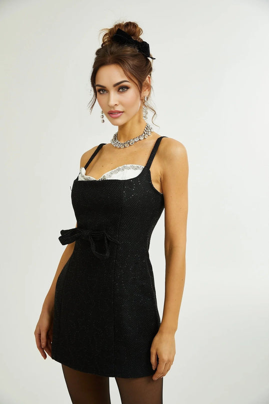 Clementina Black White Sequin Bowknot Mini Dress