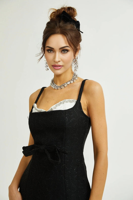 Clementina Black White Sequin Bowknot Mini Dress