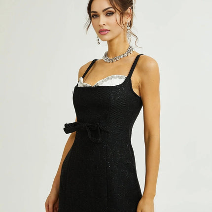 Clementina Black and White Sequin Bowknot Mini Dress