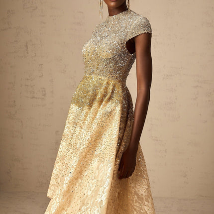 Clementina Champagne Gold Lace Cap Sleeve Dress with Bead and Sequin Embellishments