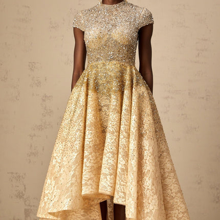 Clementina Champagne Gold Lace Cap Sleeve Dress with Bead and Sequin Embellishments