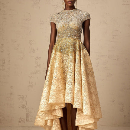 Clementina Champagne Gold Lace Cap Sleeve Dress with Bead and Sequin Embellishments